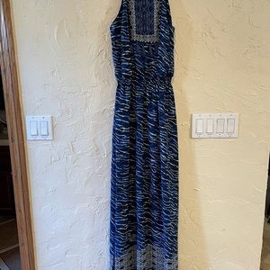 Blue and White Print Halter Dress with Bead and Fringe Detail